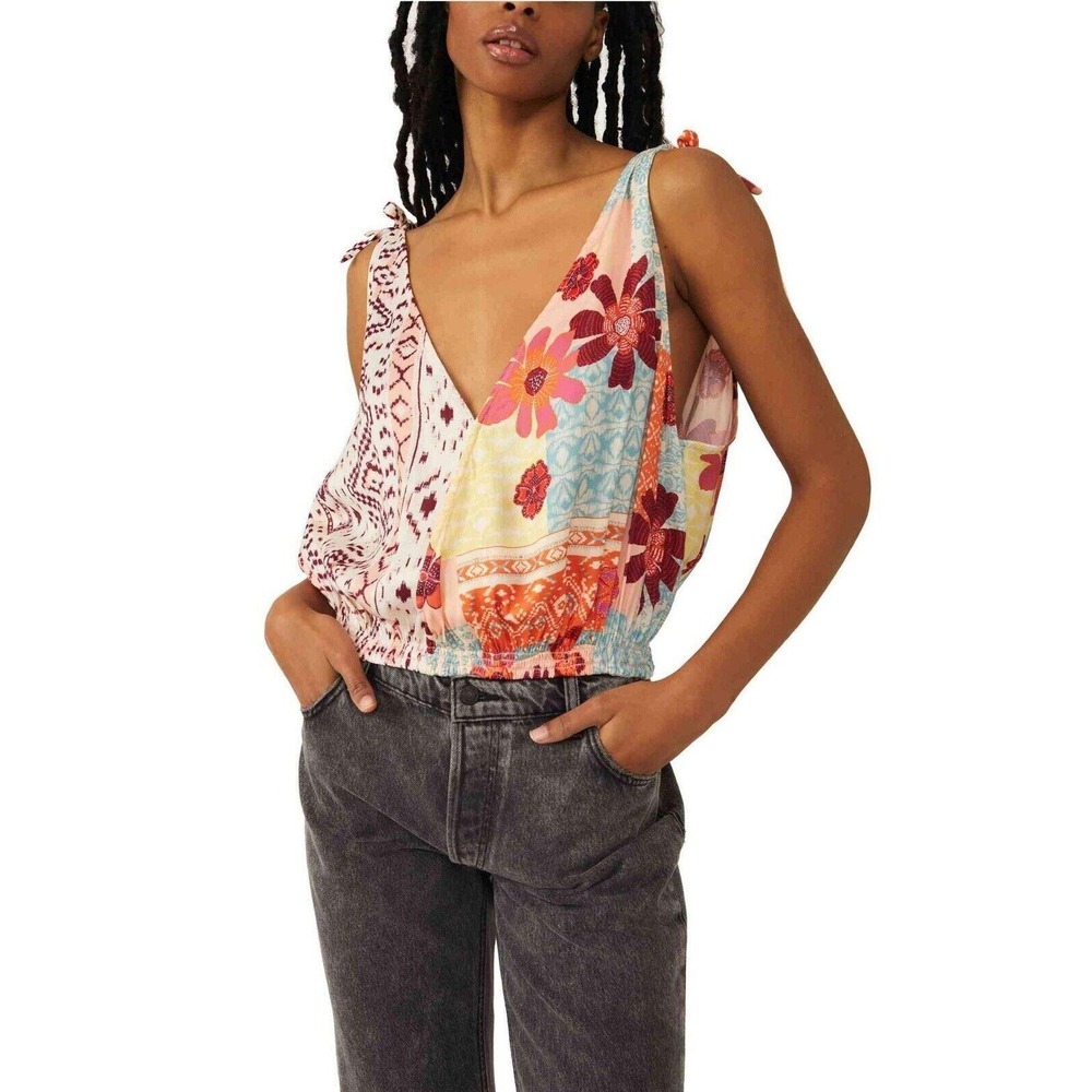 Free People Top Women XS Tropical Combo Patchwork Floral Boho Sleeveless New
